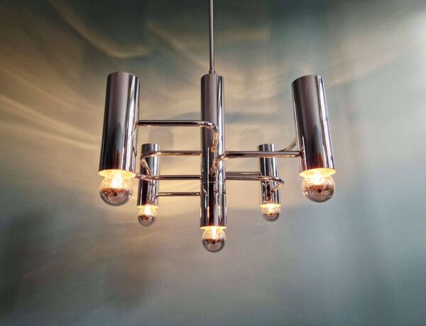 Lustre géométrique en métal chromé, design Gaetano Sciolari, 1970