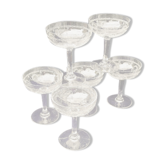 Six crystal champagne glasses engraved and chiseled