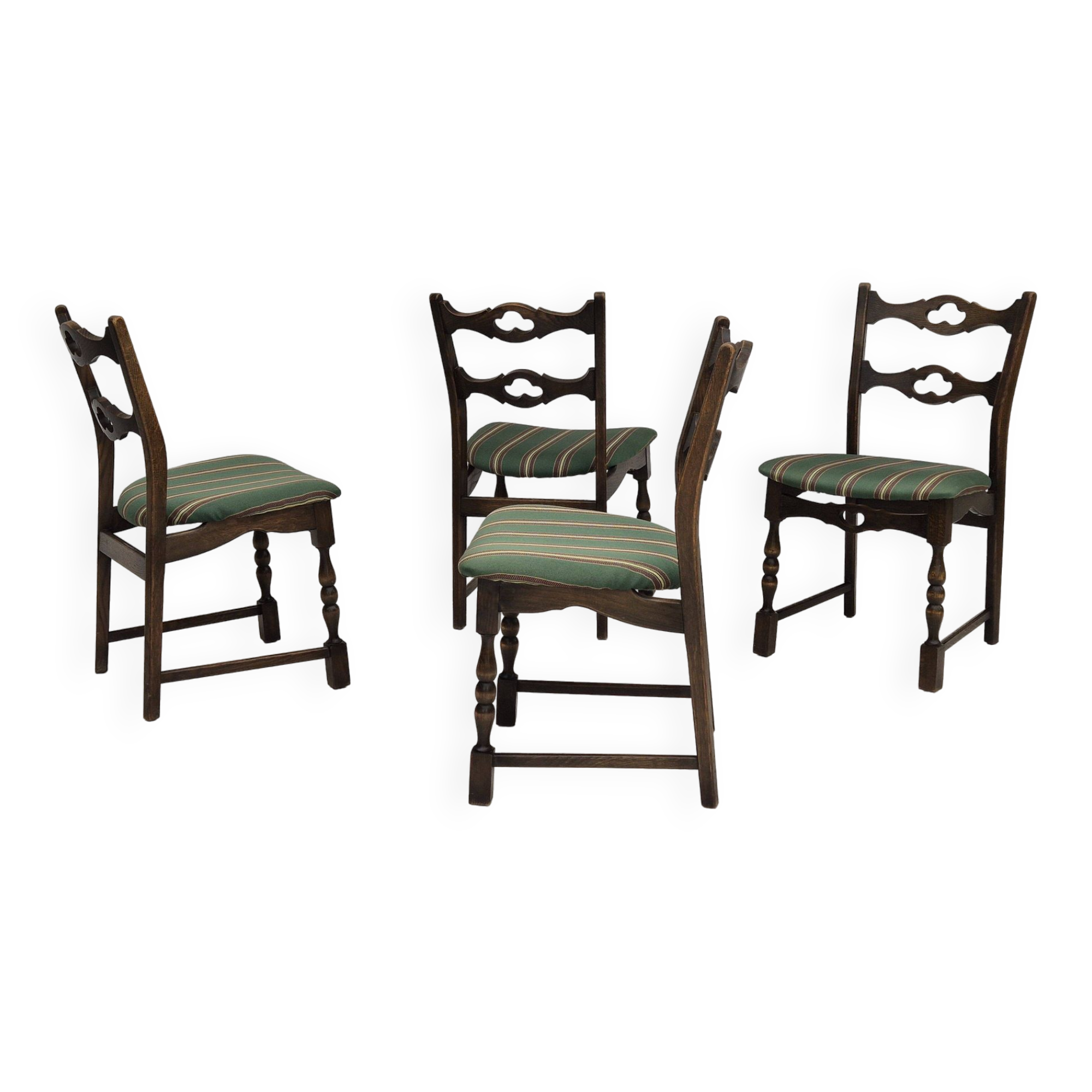 1970s, set of 4 Danish dining chairs, original condition, dark oak wood, furniture wool fabric.