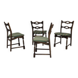 1970s, set of 4 Danish dining chairs, original condition, dark oak wood, furniture wool fabric.