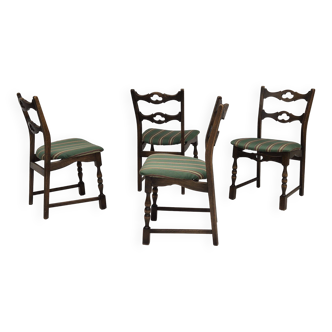 1970s, set of 4 Danish dining chairs, original condition, dark oak wood, furniture wool fabric.