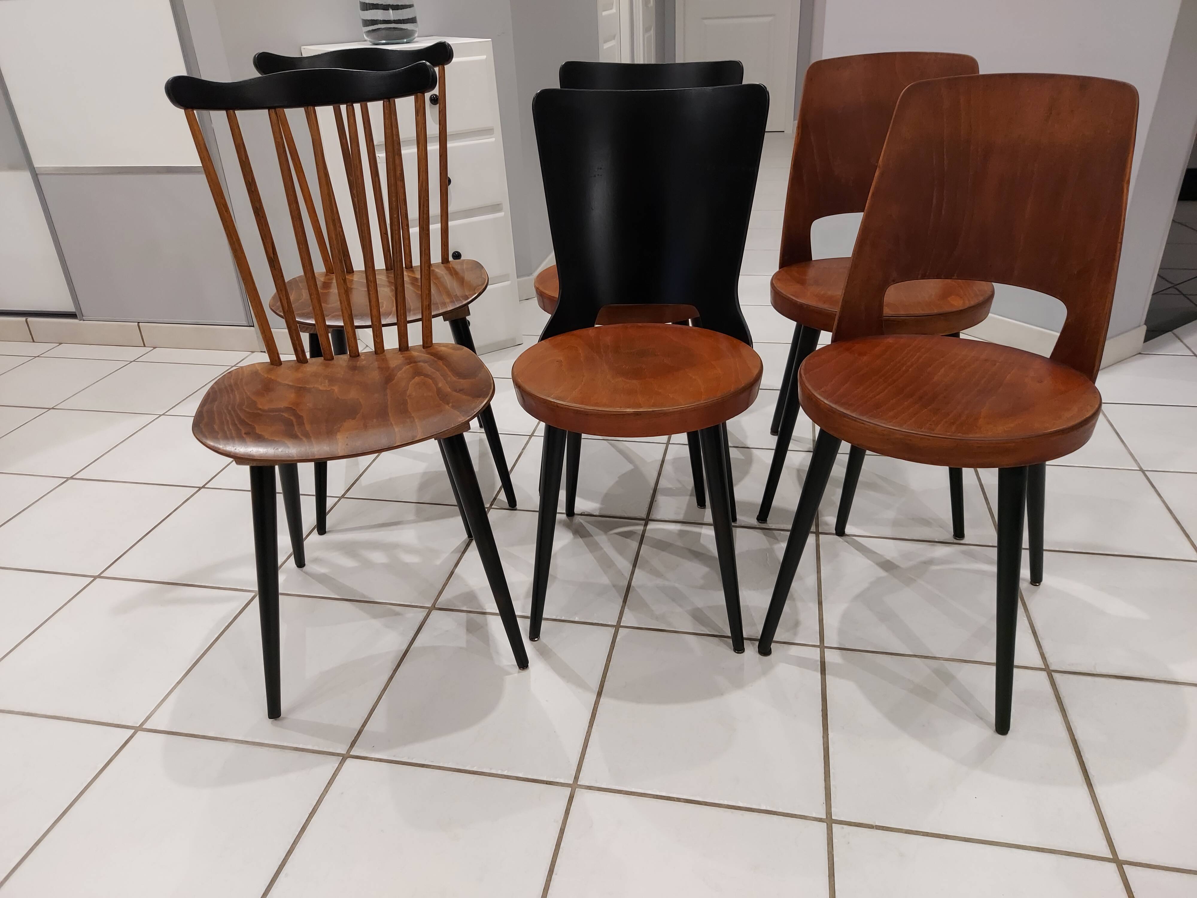 Suite of 6 chairs of Bistrot Baumann mismatched Mondor,Dove,Minuet