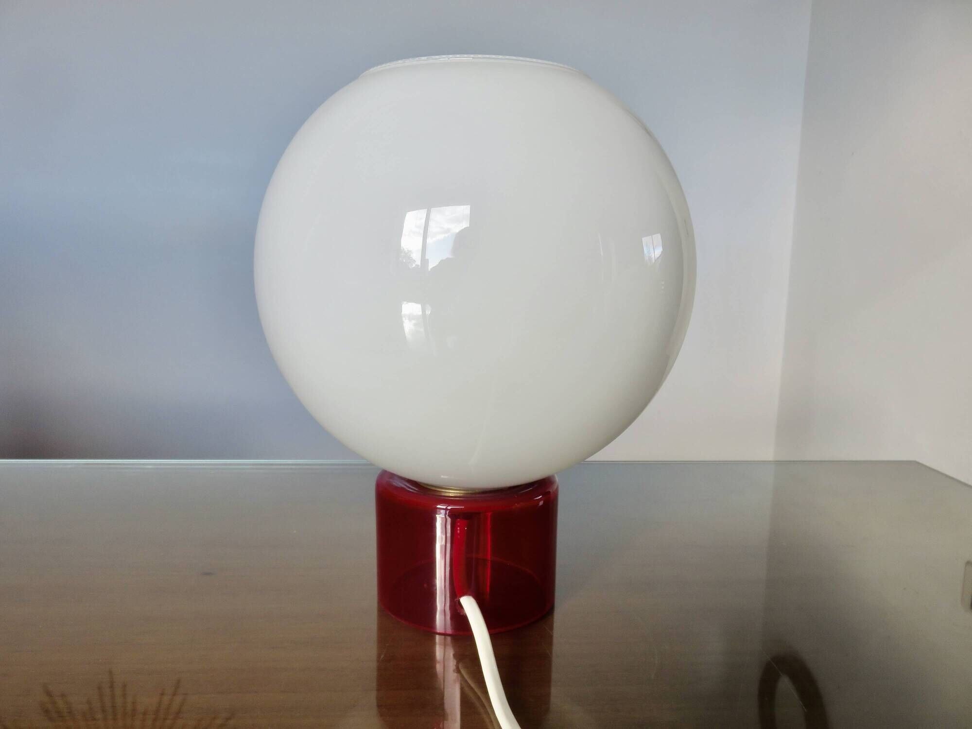 70s lamp in white opaline and translucent red glass
