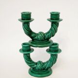 Pair of twisted green ceramic double candlesticks, 1960.