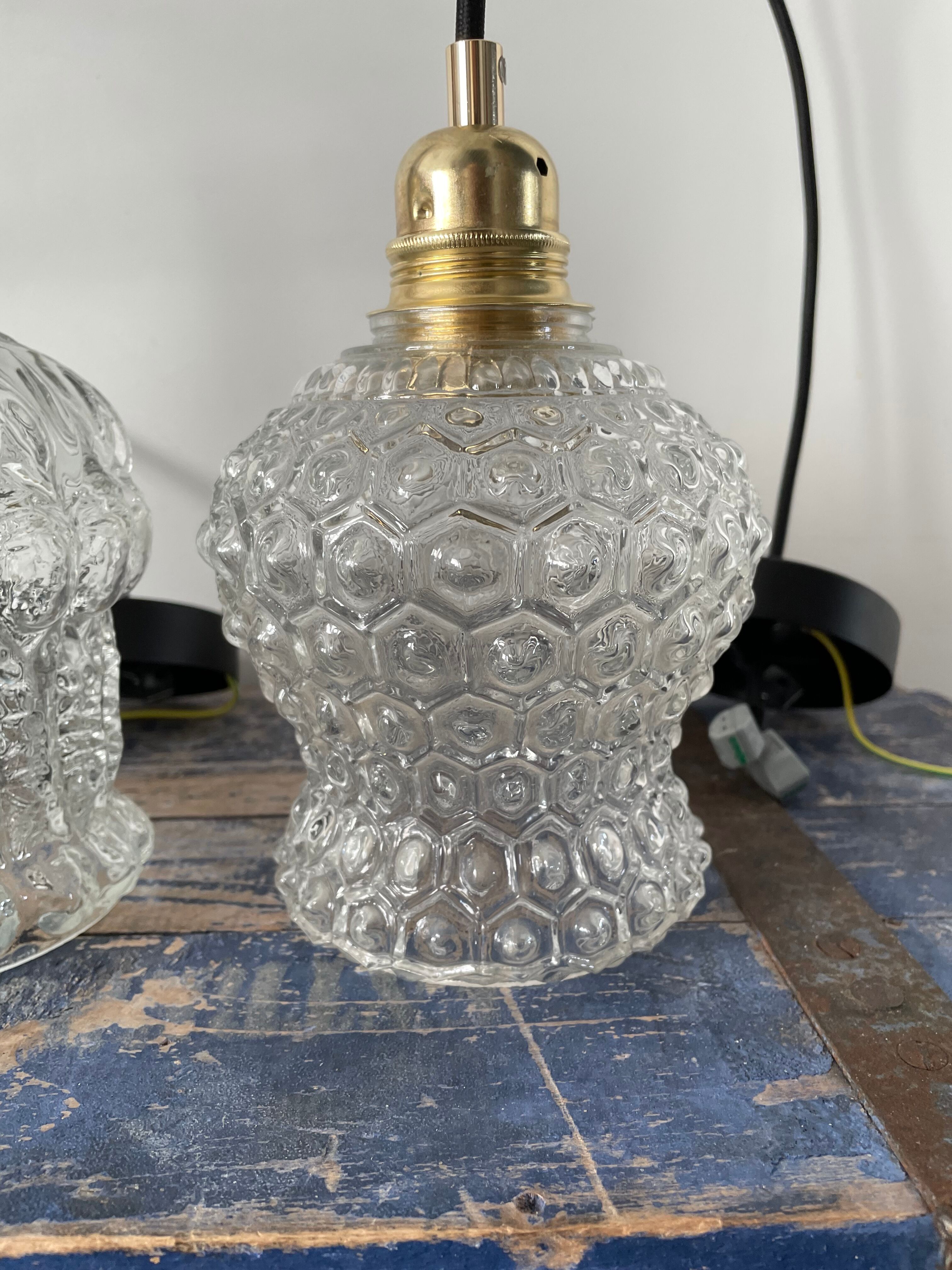 Set of three vintage electrified glass pendant lamps