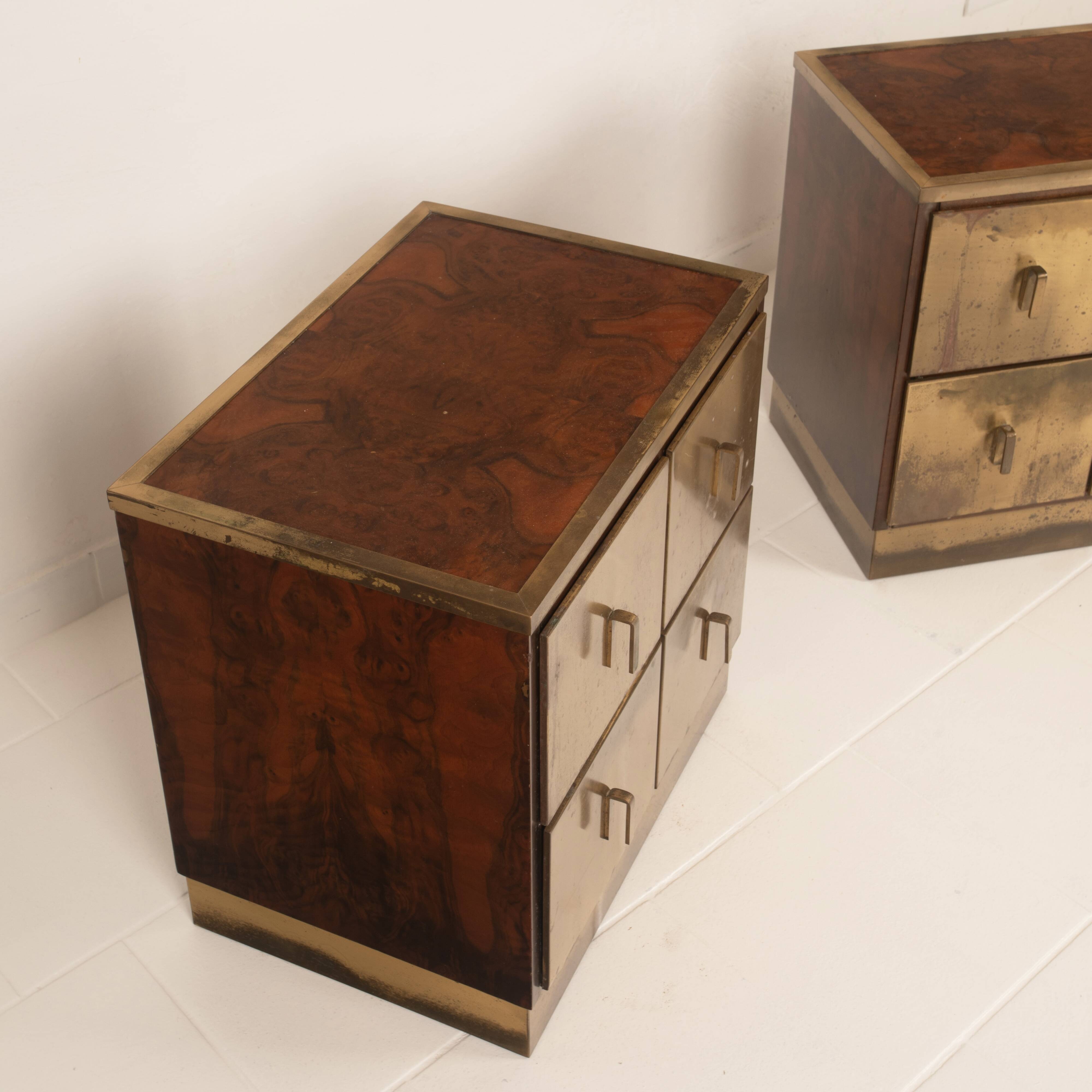 Aldo Frigerio Italian Walnut Burl and Gold-Laminated Brass Bagdad Nightstands