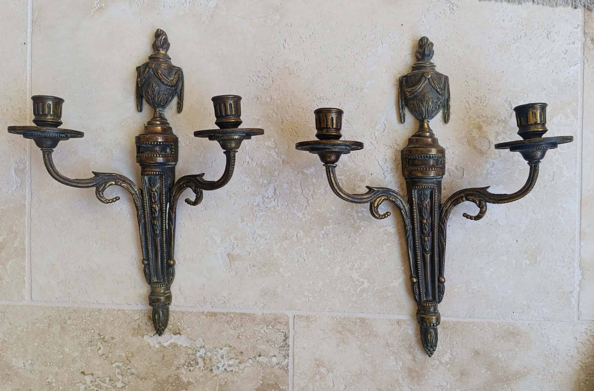 Set of 2 antique bronze wall sconces
