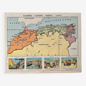 Affiche ancienne carte de l'Algérie, Tunisie, Maroc - 1930