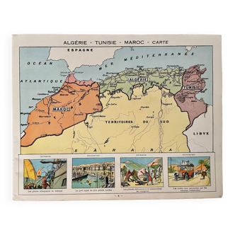 Affiche ancienne carte de l'Algérie, Tunisie, Maroc - 1930