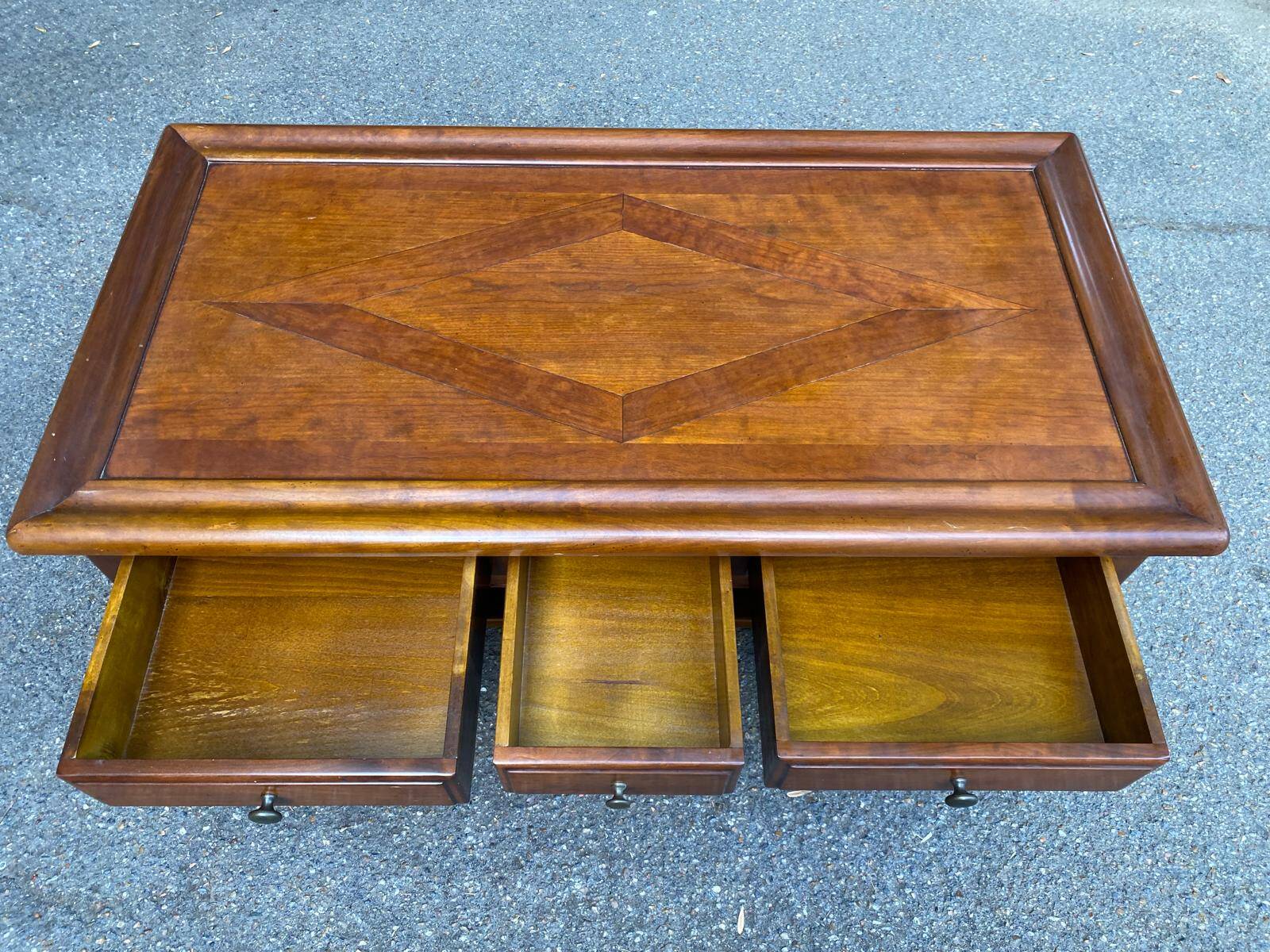 Solid cherry coffee table with 3 drawers in Louis Philippe style, 1980.