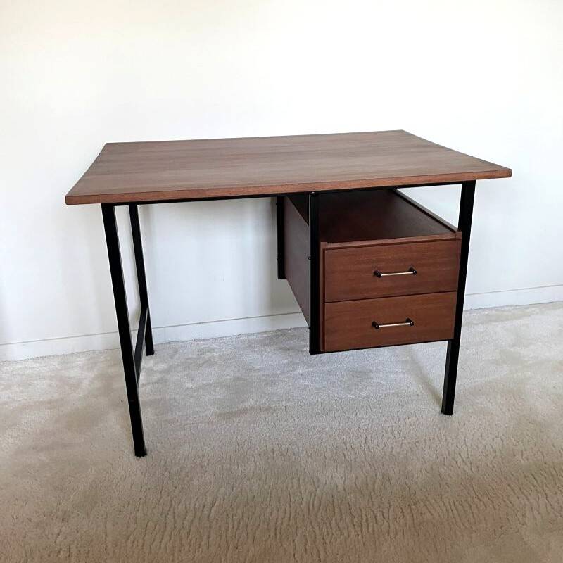 Bureau moderniste 2 tiroirs vintage en bois et métal noir