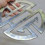 Old silver metal trivet chinese symbol longevity