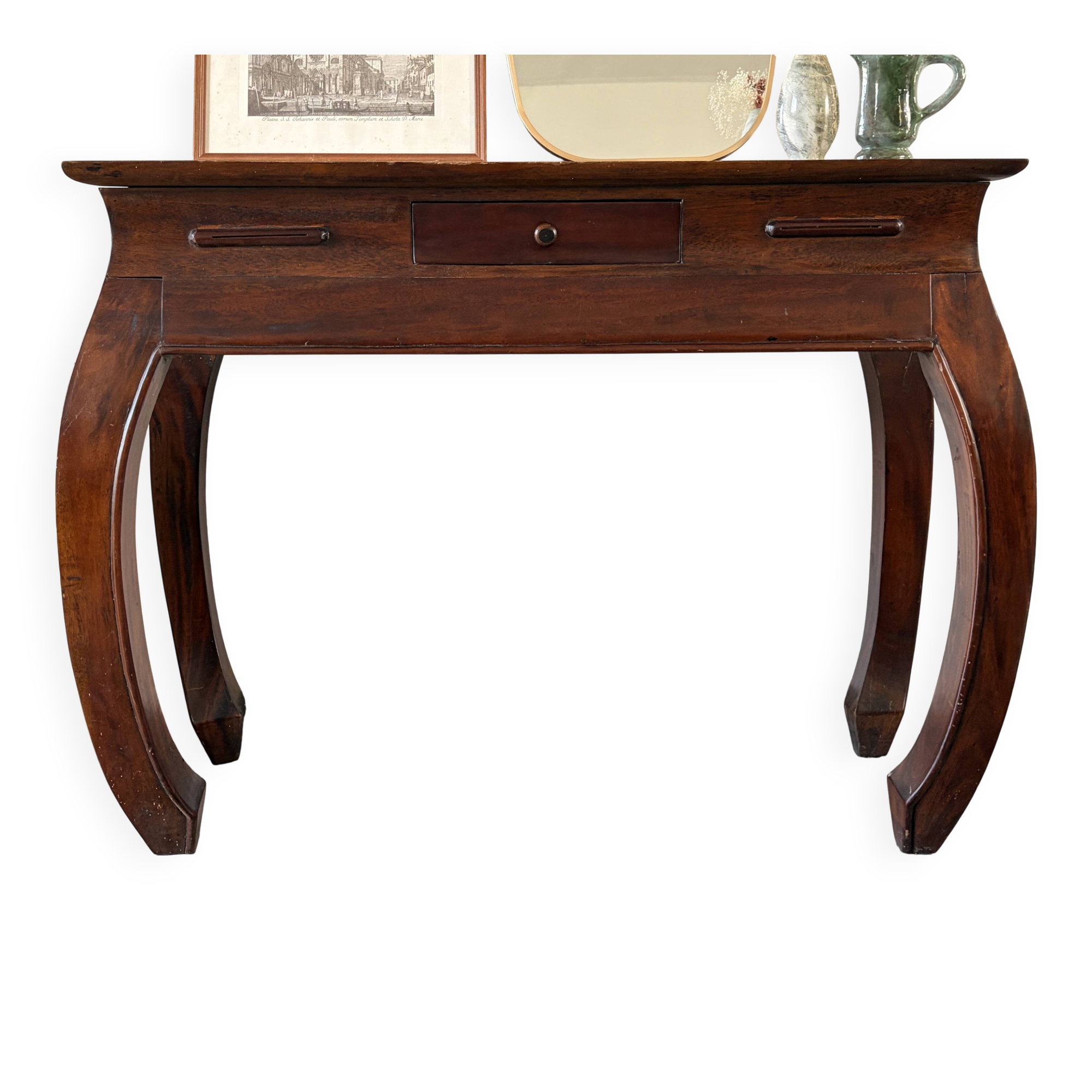Solid wood console in colonial style – curved legs – drawer – 100x40x81cm