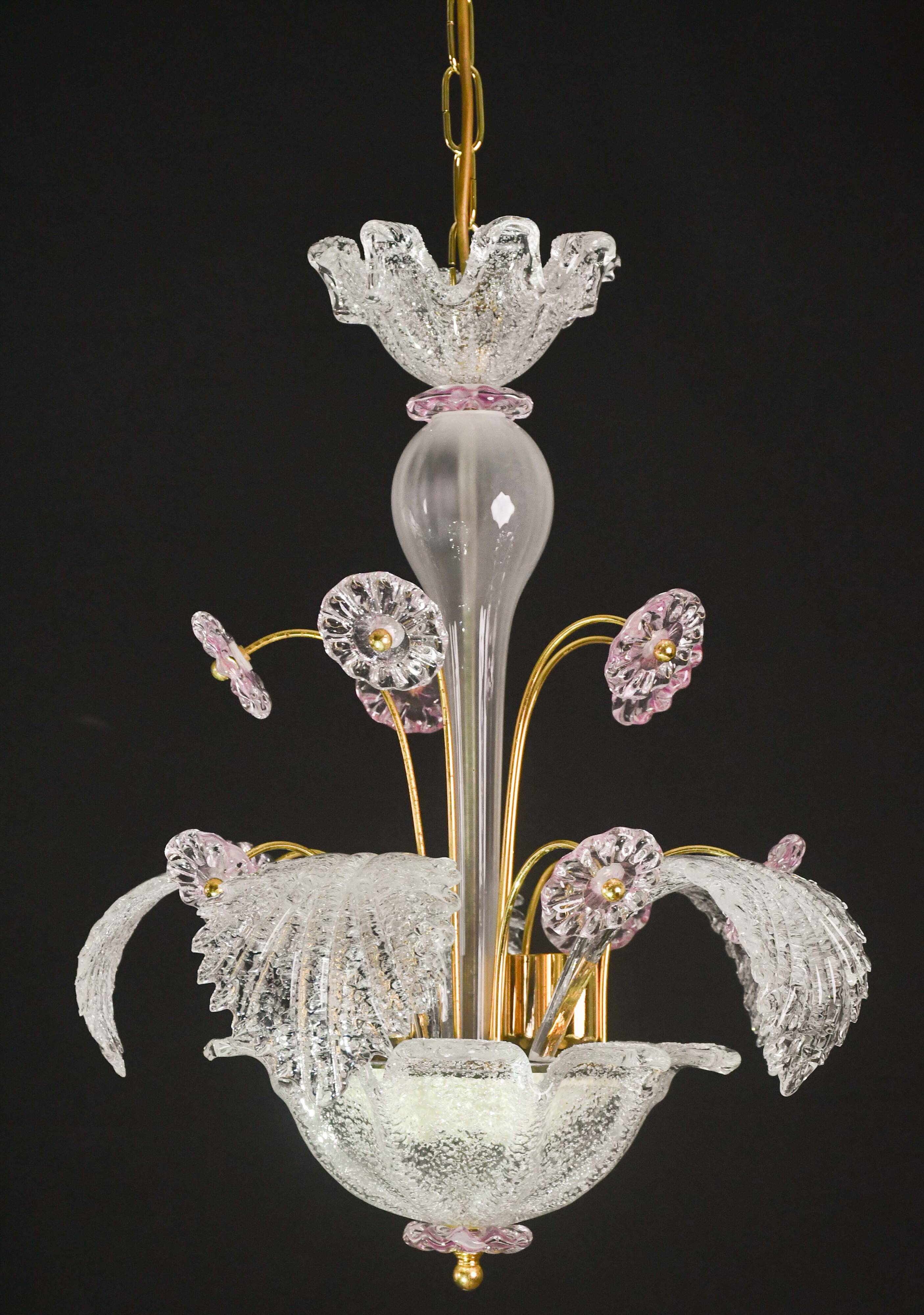 vintage Venetian chandelier, pink flower Murano glass, 1970s