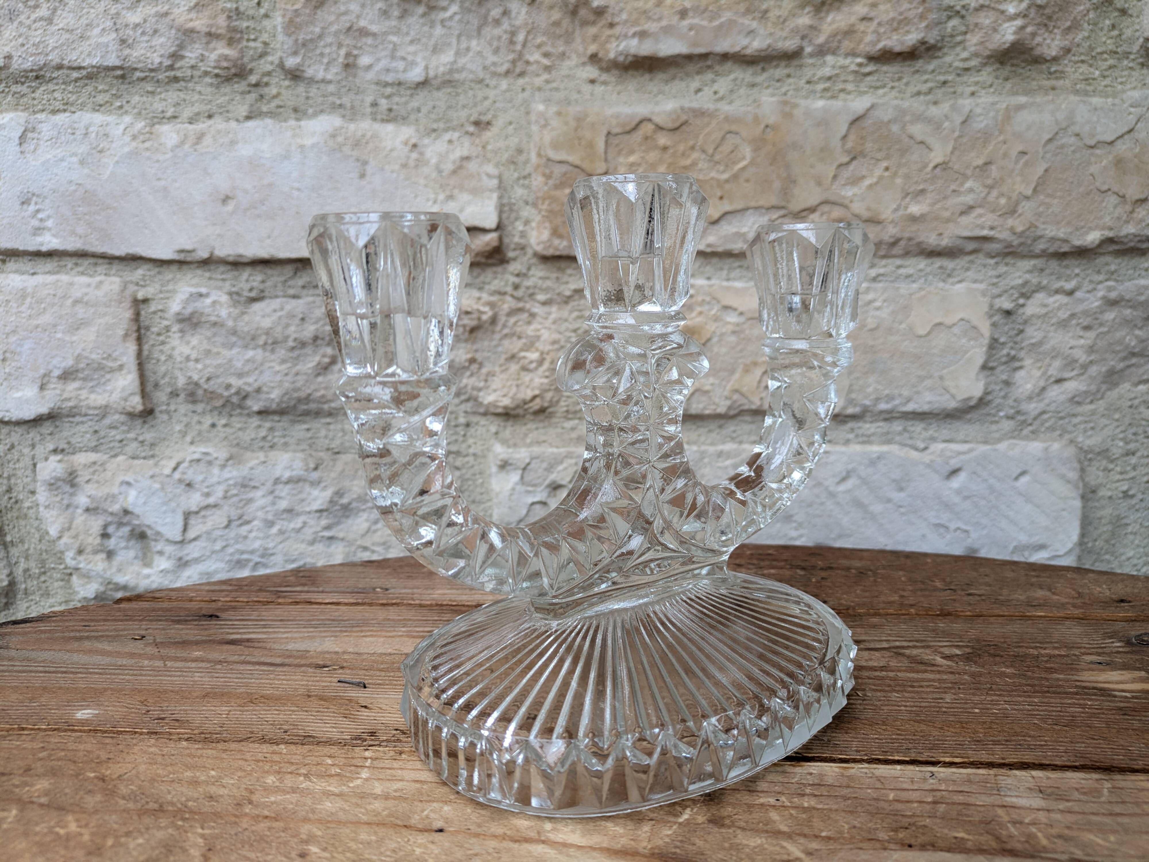 Antique molded glass candle holder for 3 taper candles