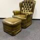 Original English Chesterfield Wingback Chair & Footstool -Retro Green