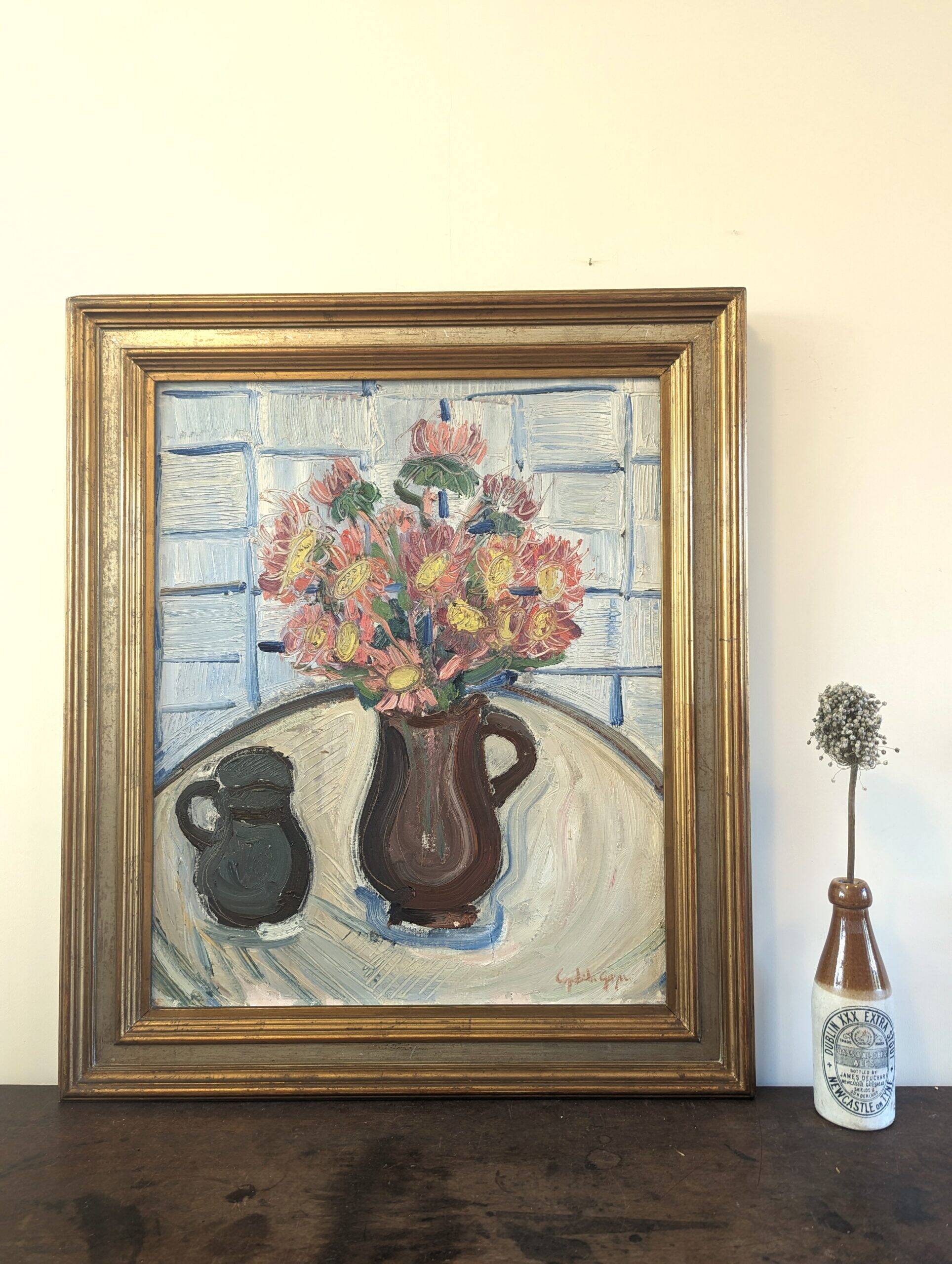 Mid-Century Modern Swedish "Pink Flowers" Vintage Still Life Oil Painting, Framed