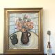 Mid-Century Modern Swedish "Pink Flowers" Vintage Still Life Oil Painting, Framed