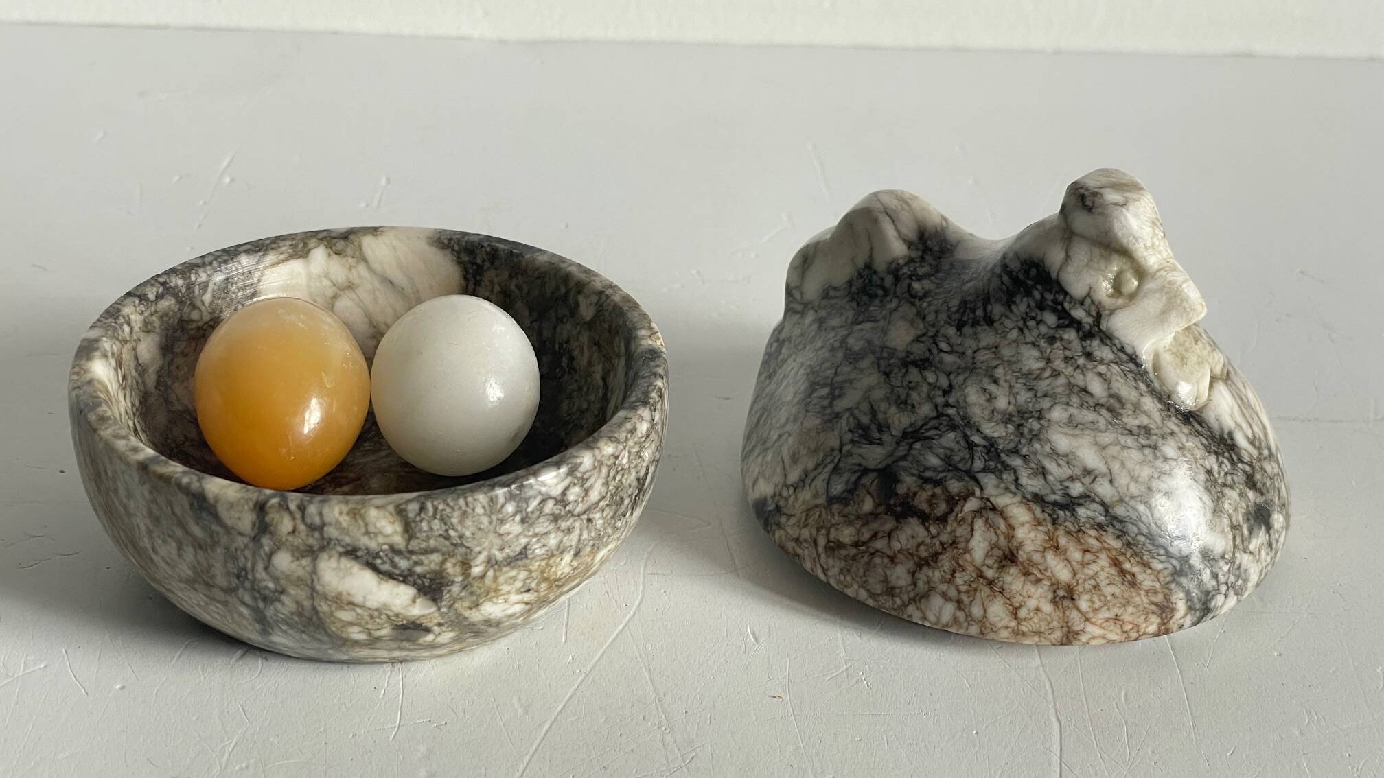 Vintage Marble Chicken with Eggs Sculpture