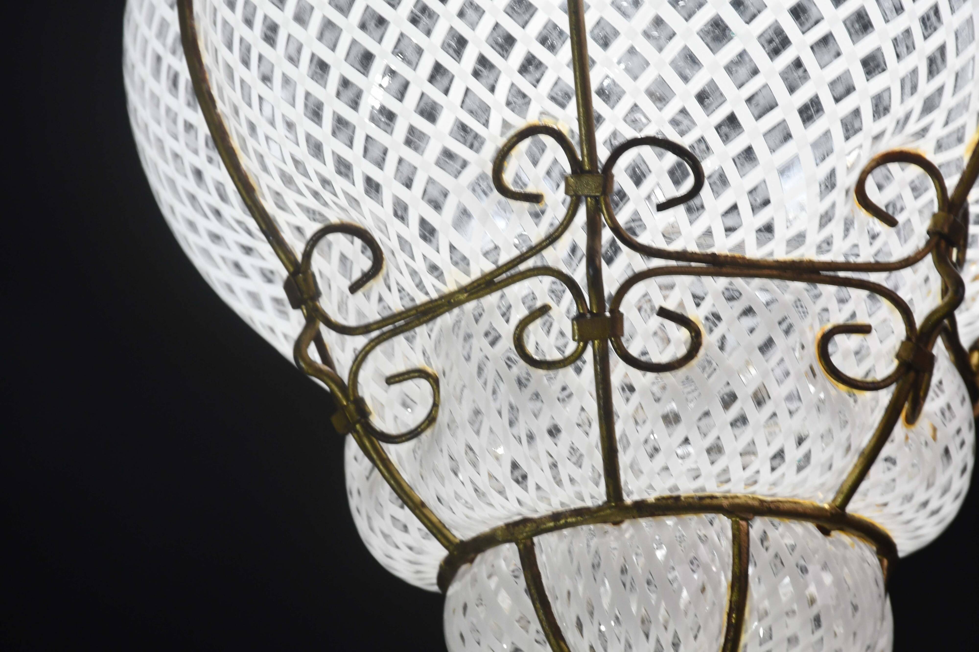 Venini Amazing Venetian Lantern in Murano Reticello Glass, 1950s