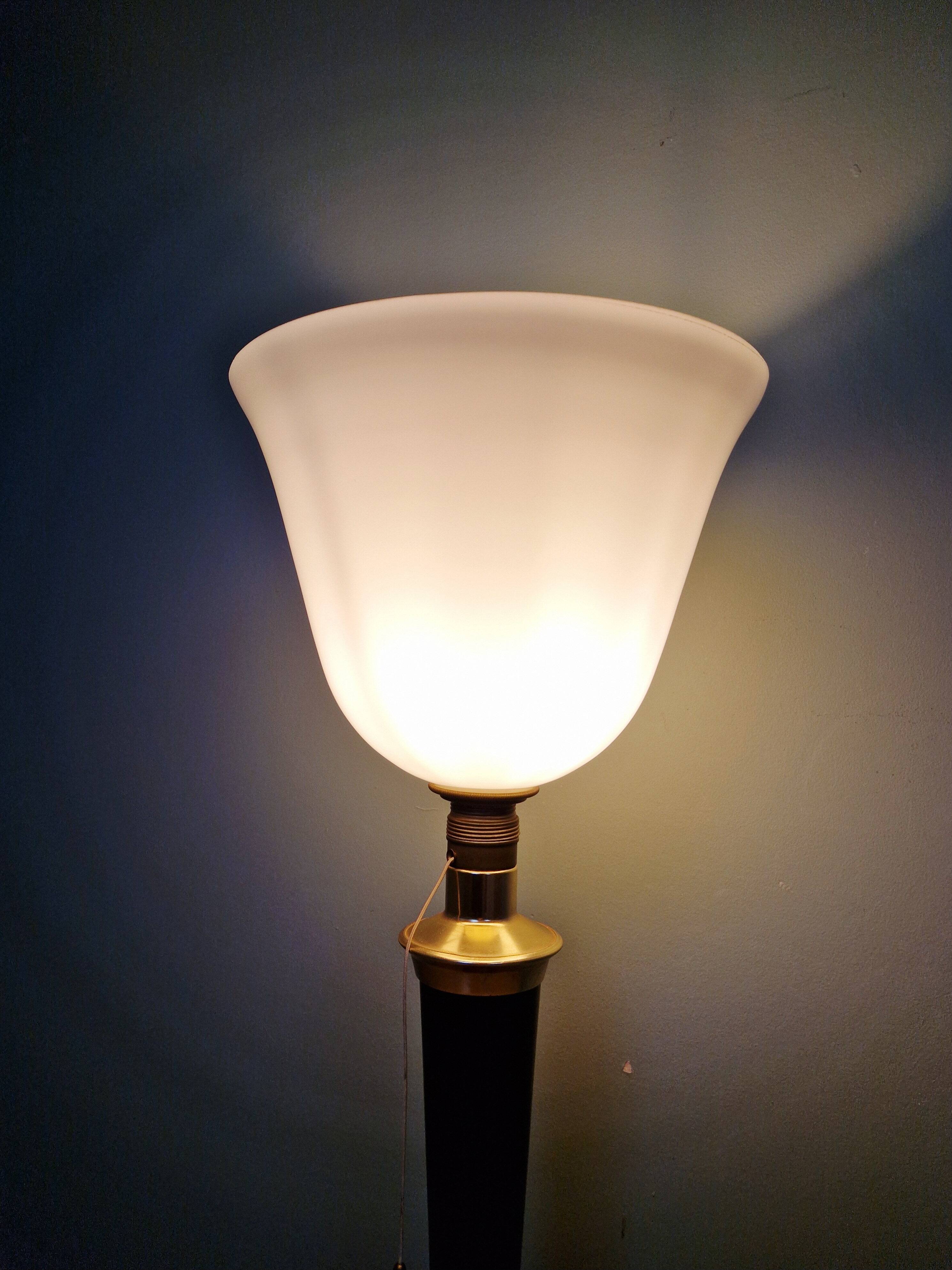 Large Art Deco Mazda lamp in wood, brass, and white opaline, 1930.