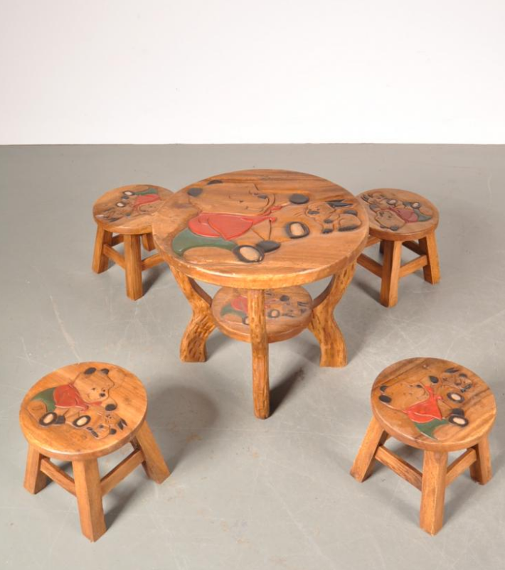 Table children and winnie The Pooh in oak stools, 1950 s