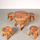 Table children and winnie The Pooh in oak stools, 1950 s