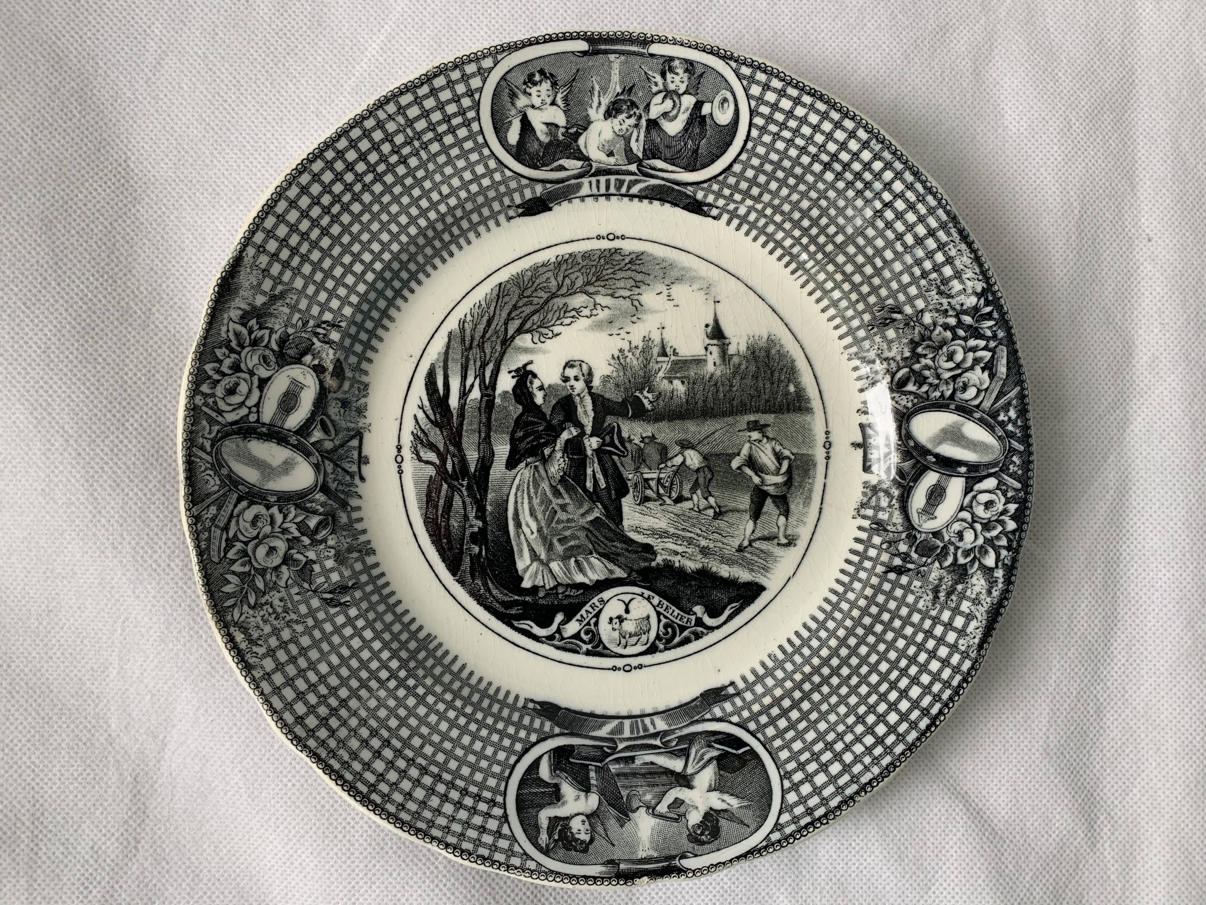 6 black dessert plates Old and Johnston Bordeaux 19th century astrology