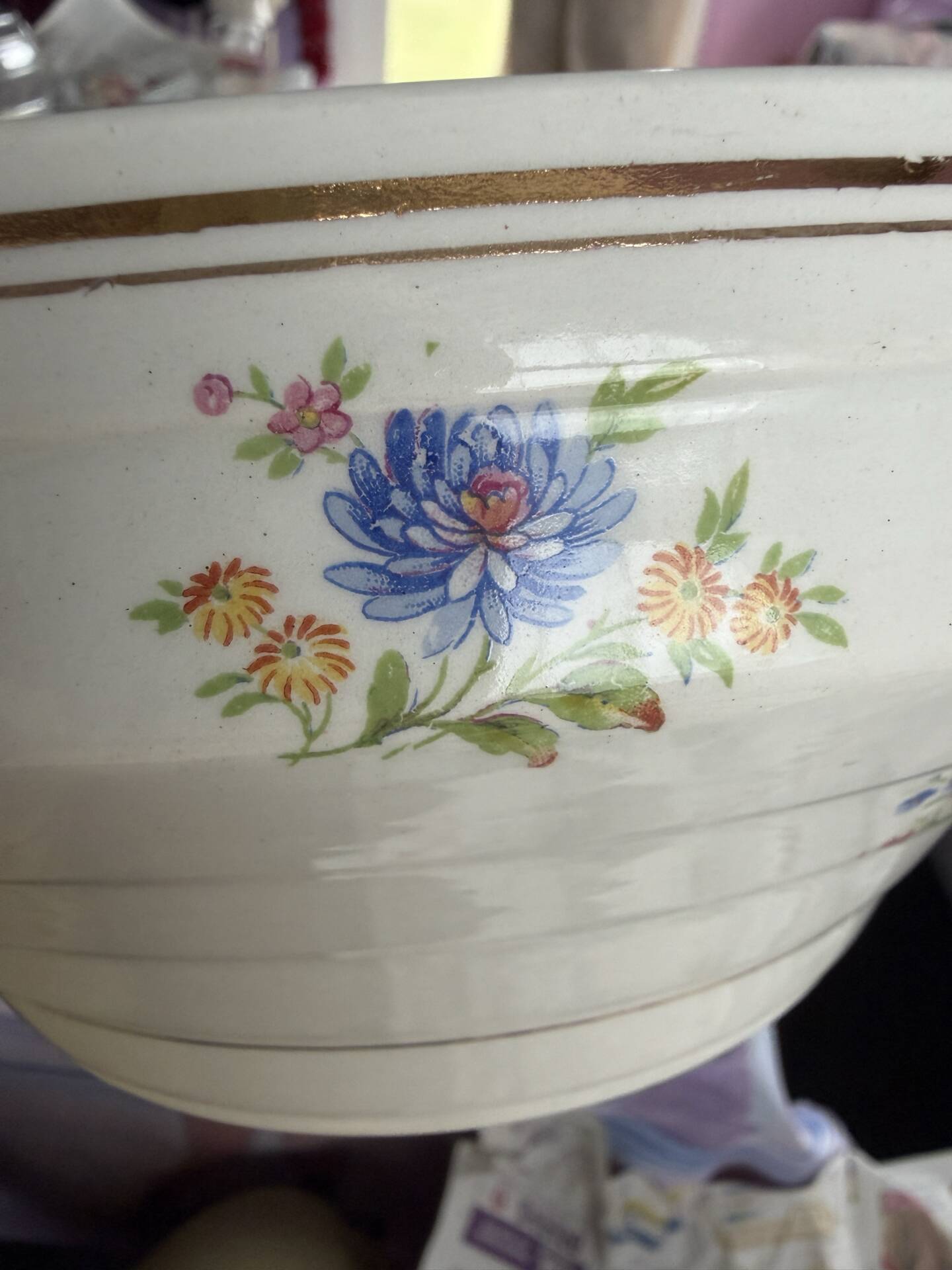 Vintage soup tureen with Art Deco flowers, opaque porcelain, Versailles.