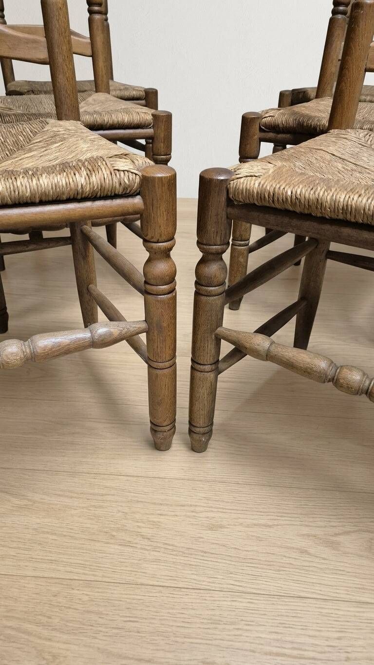 Set of 6 vintage wooden ladder-back dining chairs with woven seats