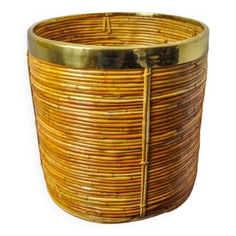 XL basket in rattan and brass, Italy, 1970, 36cm Diam