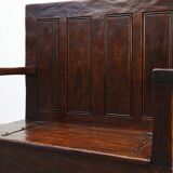 Rustic solid oak carved bench with storage compartment, France 19th century