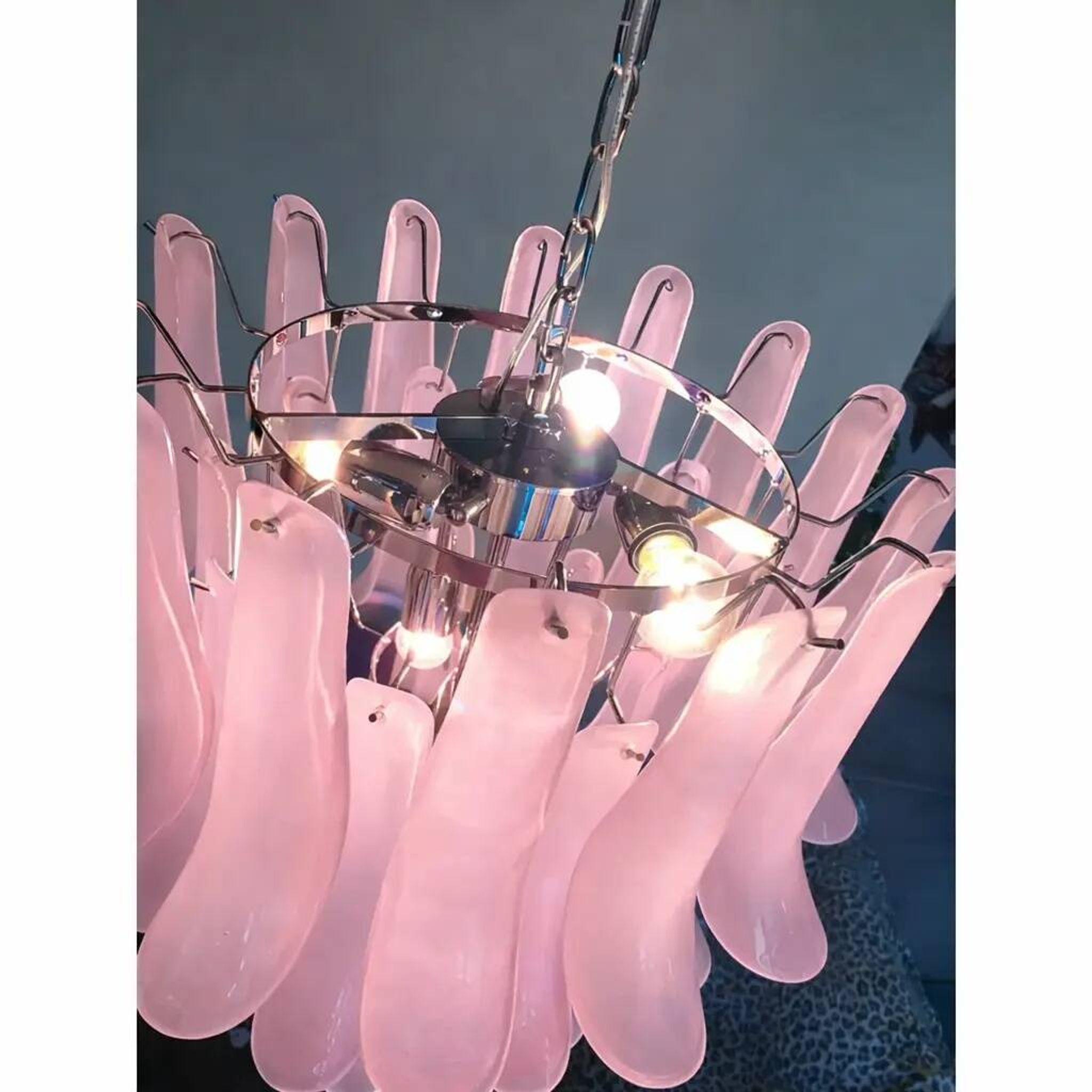 Contemporary Pink Frosted "Selle" Murano Glass Chandelier in Mazzega Style