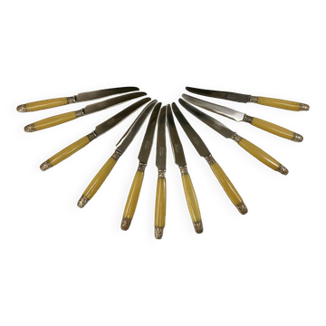 11 Art Deco knives, Bakelite and silver plated in a box