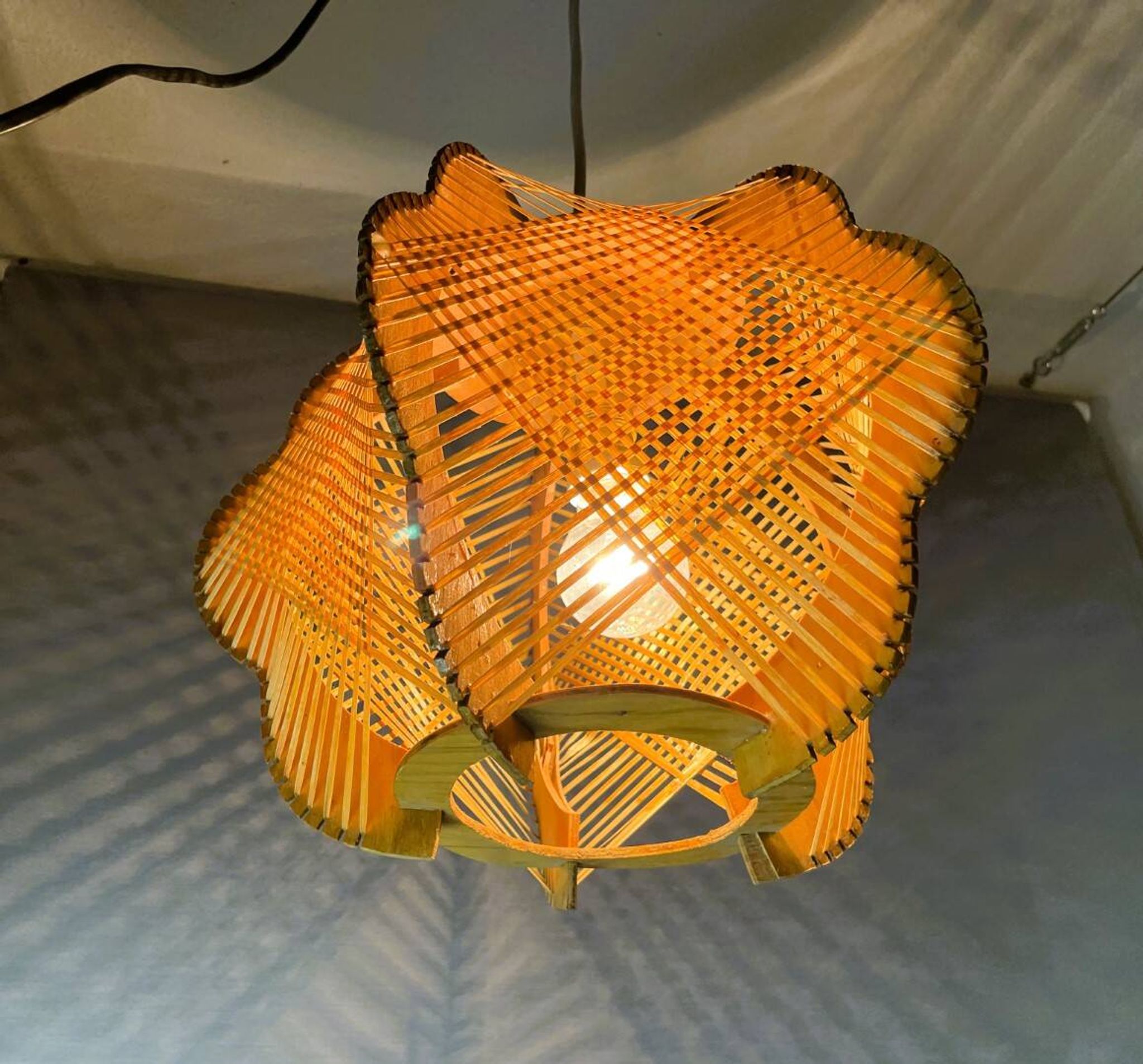 Portuguese mid century wood and straw wooden pendant lamp, 1960s