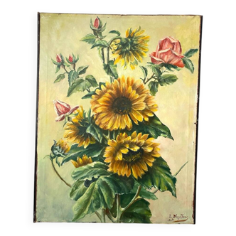 Oil painting of a bouquet of sunflowers by Nuyttens