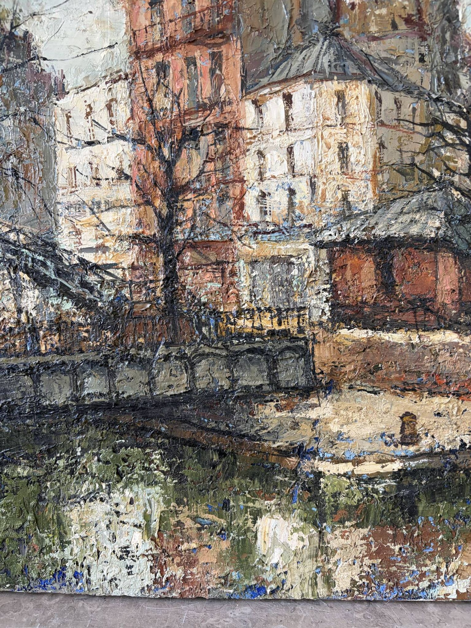 Saint Martin Canal in Paris, knife oil painting signed L Guerbier.