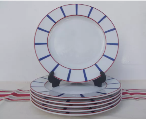 6 flat basque porcelain blue and red plates