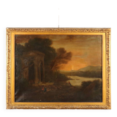 Tableau ancien paysage avec architecture, huile sur toile, XVIIIe siècle