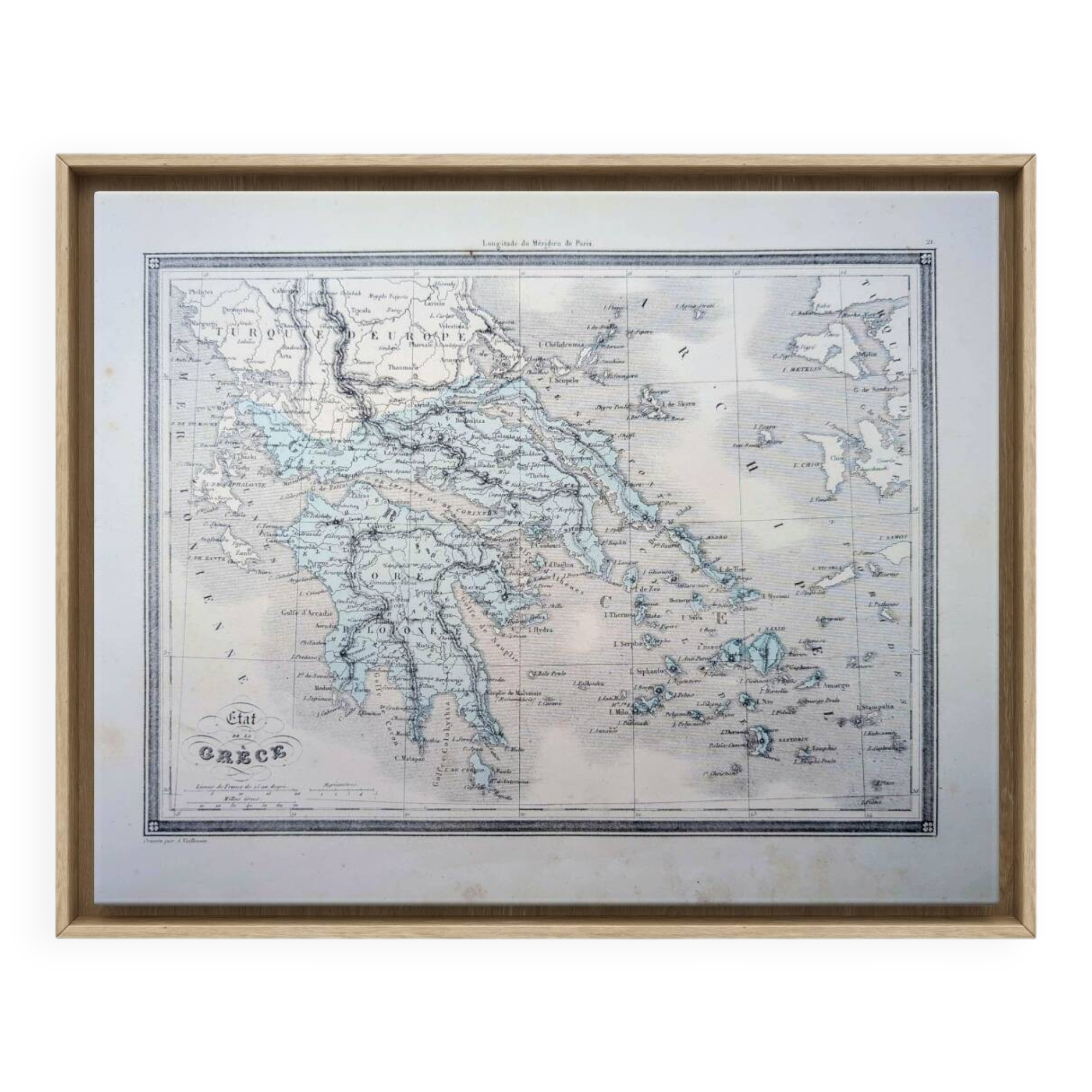 La Grèce, carte ancienne, imprimée en 1852. Authentique.
