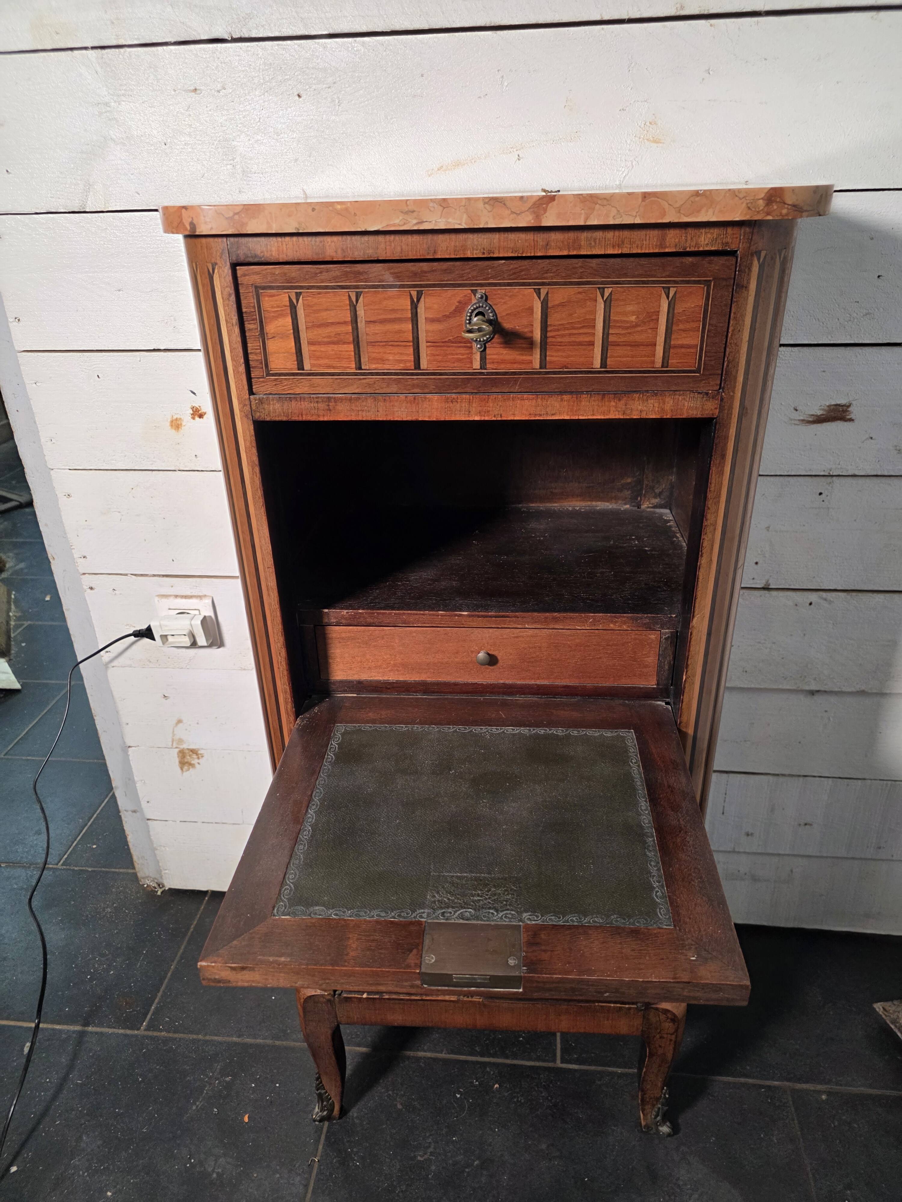 Louis XV style secretary with marquetry and marble top.