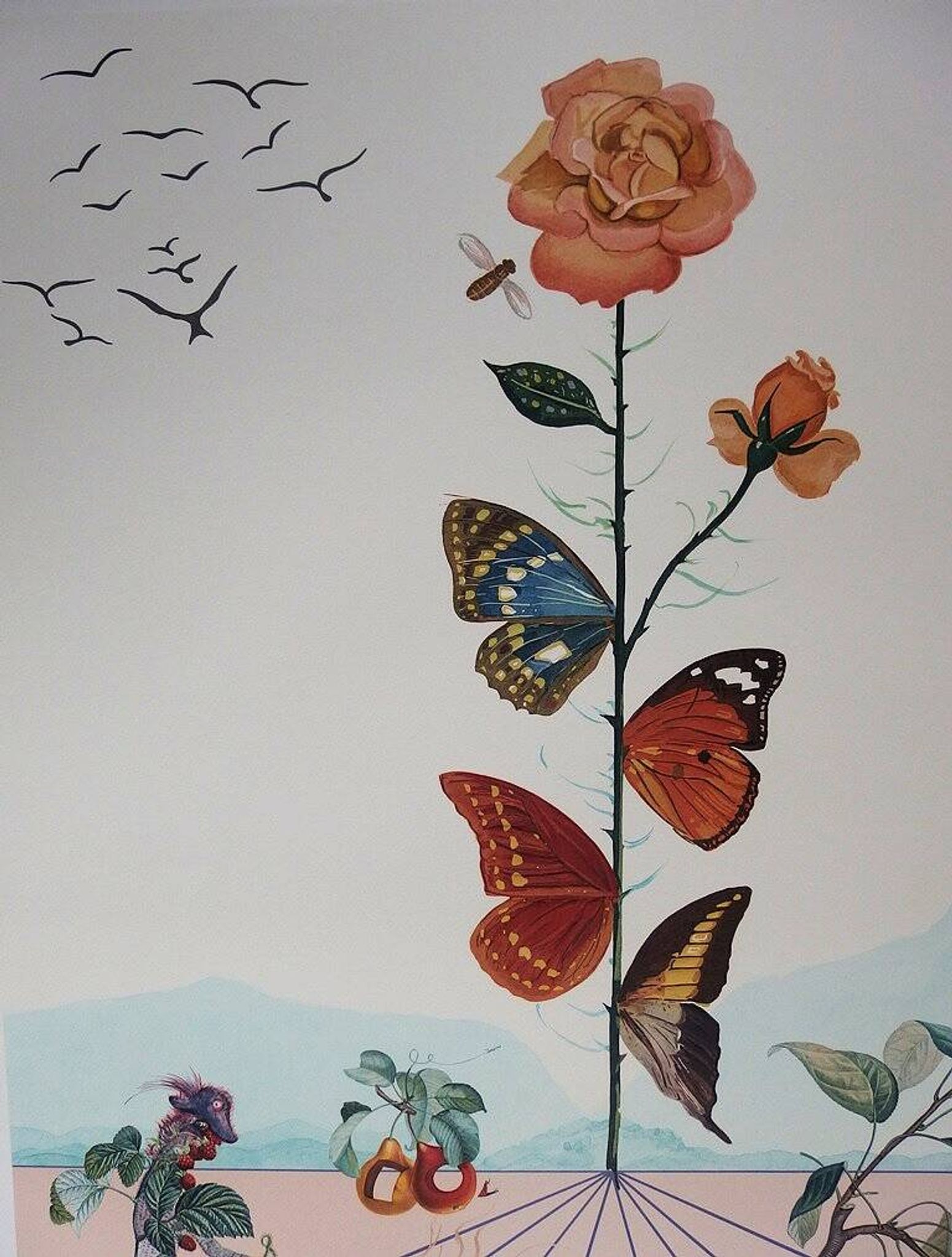 Salvador Dali : Flordali II, La rose papillon - Lithographie originale signée