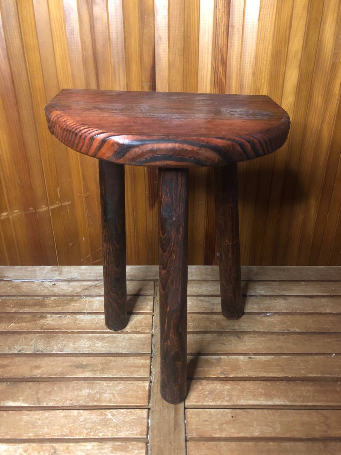 Vintage half moon wooden tripod milking stool #a580