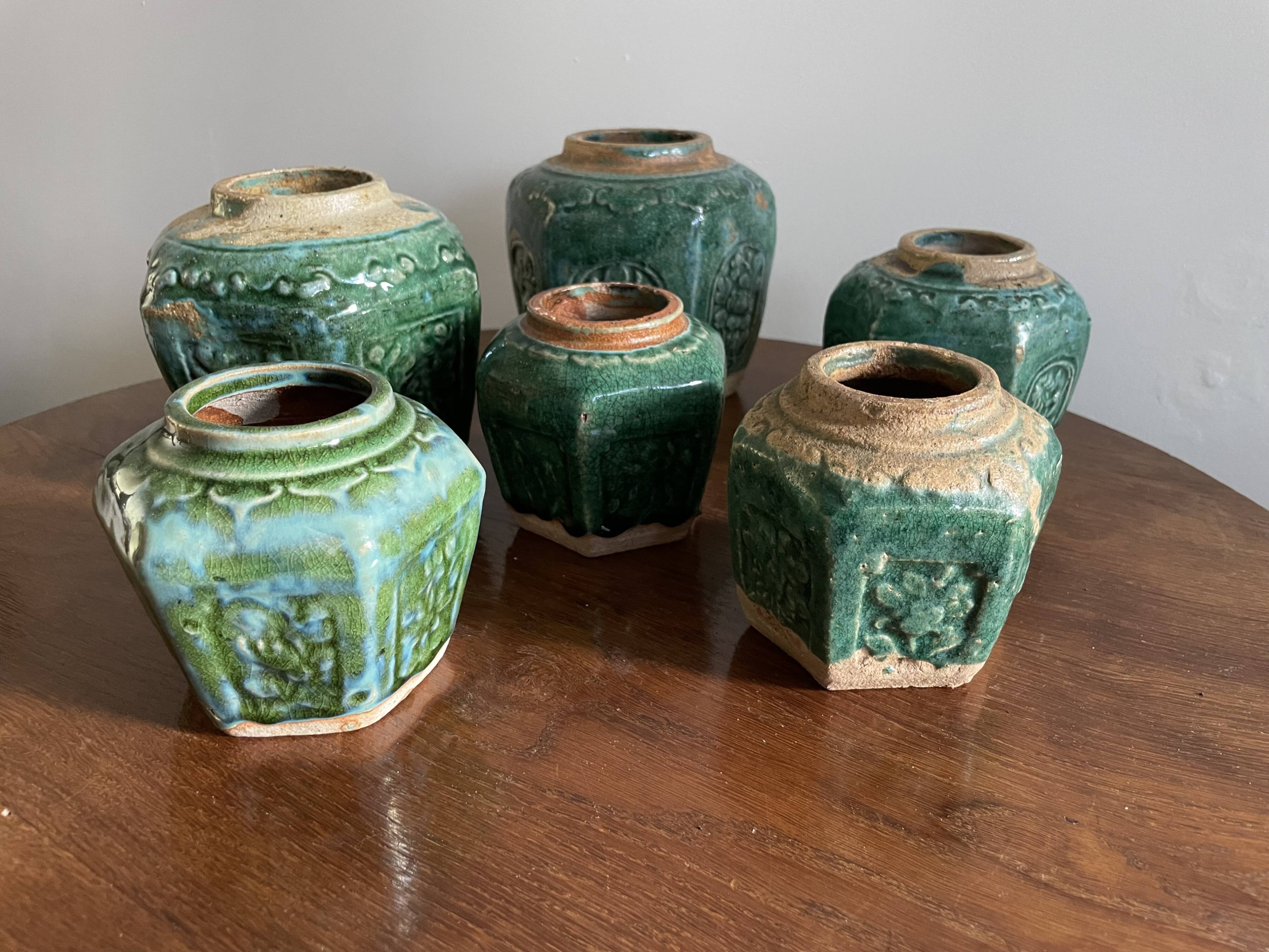 Deep green and light blue glazed hexagonal Shiwan ware ginger jar (collection of six jars, different sizes, floral designs)