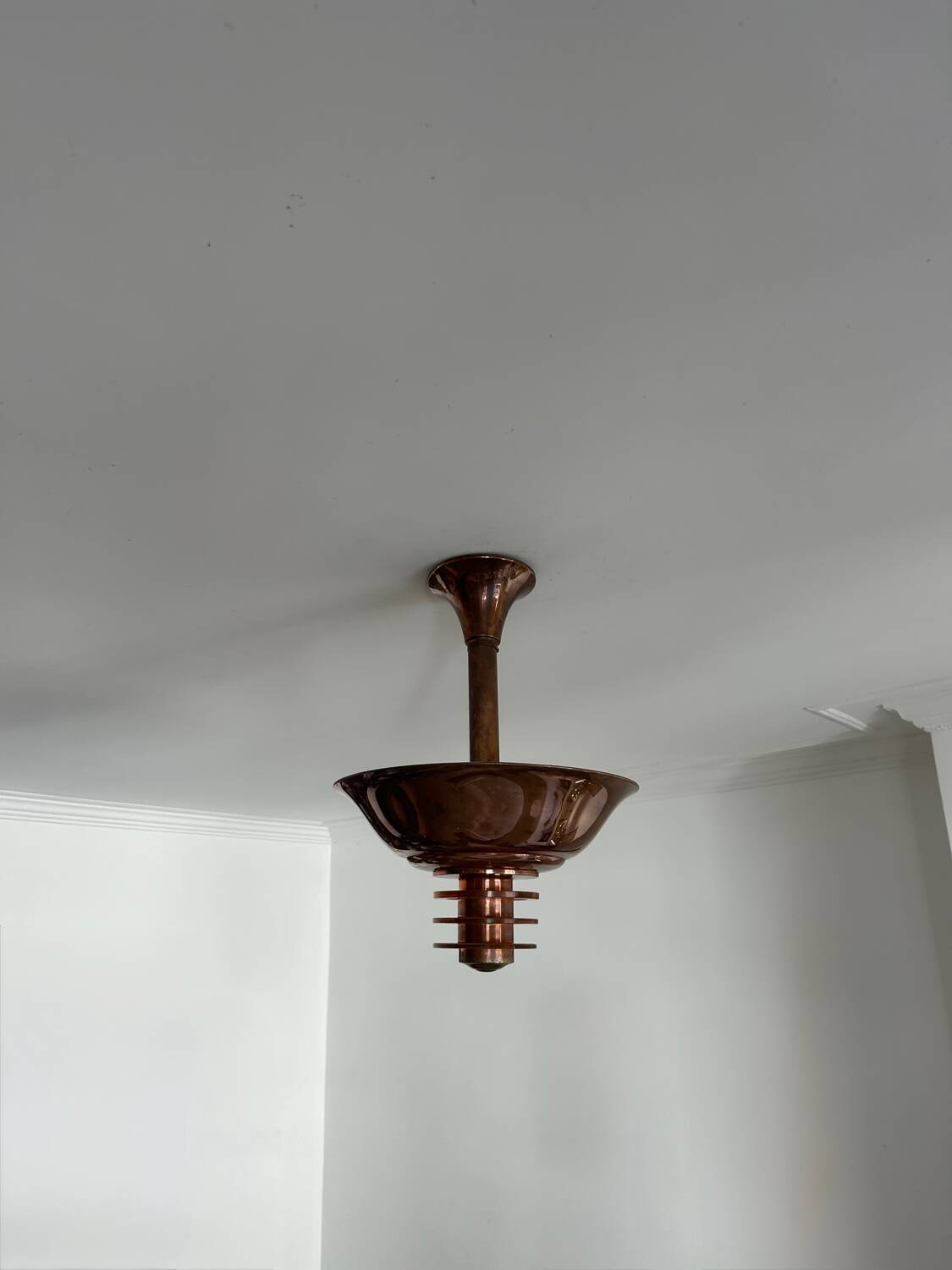 Vintage modernist chandelier, copper and glass, France 1930