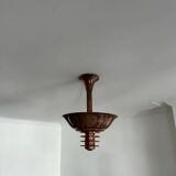 Vintage modernist chandelier, copper and glass, France 1930