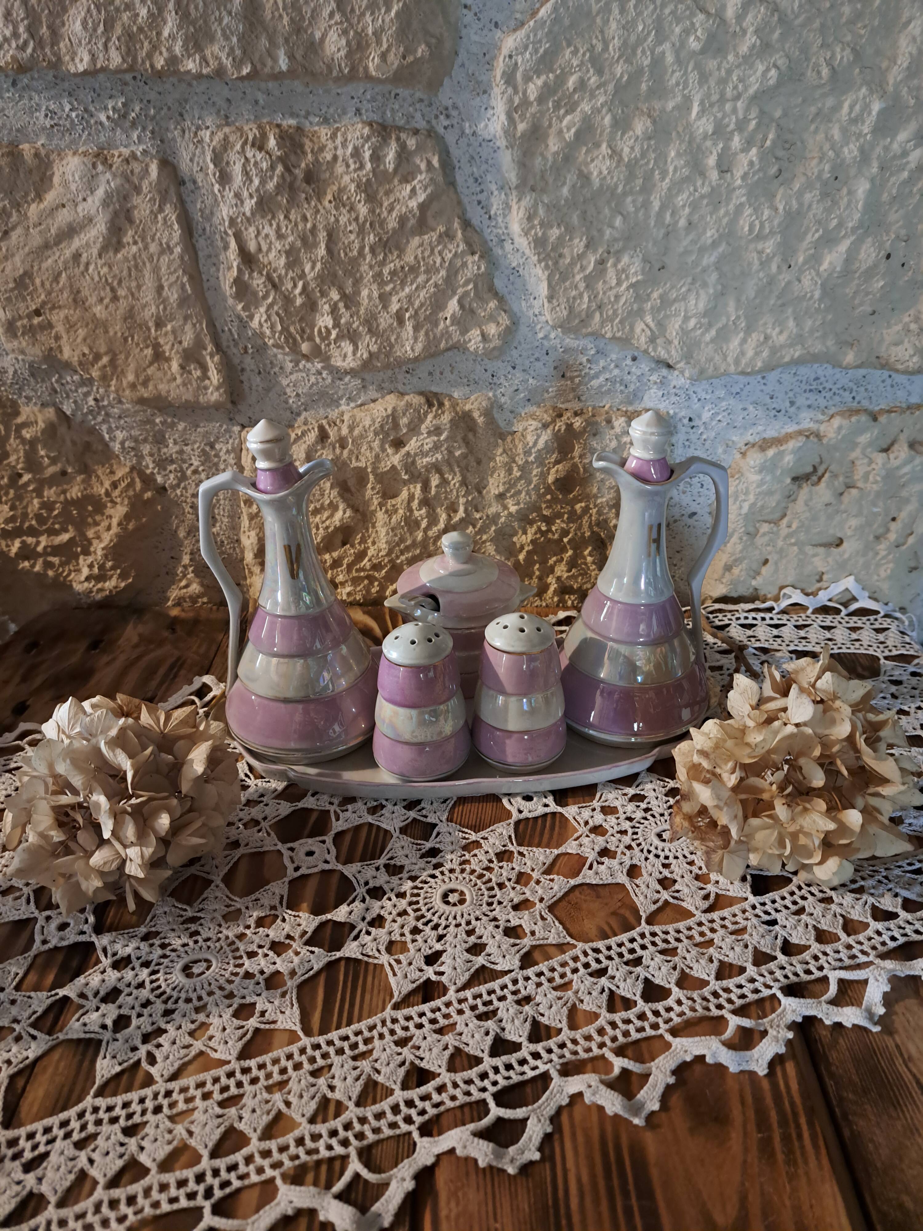 table server oil, vinegar, mustard, salt and pepper shakers with tray