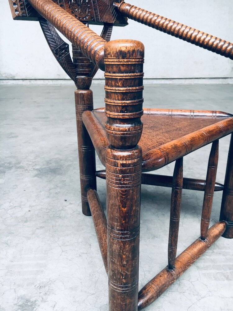 Brutalist Carved Oak Tripod Monk Chair, Sweden, 1930s