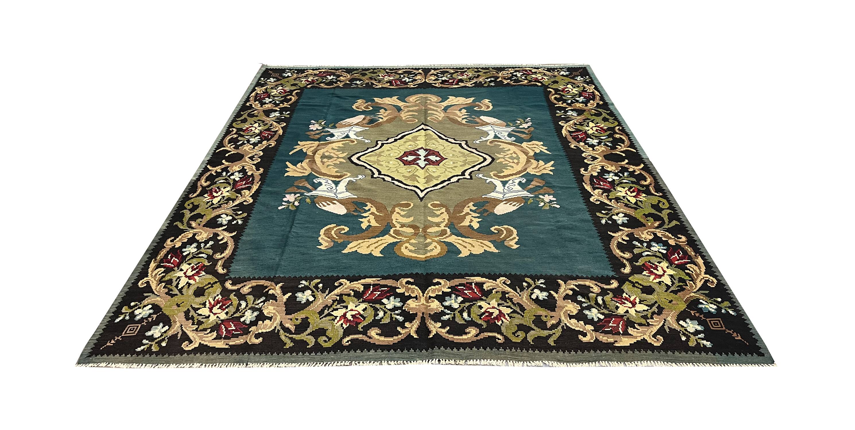 Teal Green Kilim Rug Handwoven Oriental Carpet Moldavian Area Square Rug