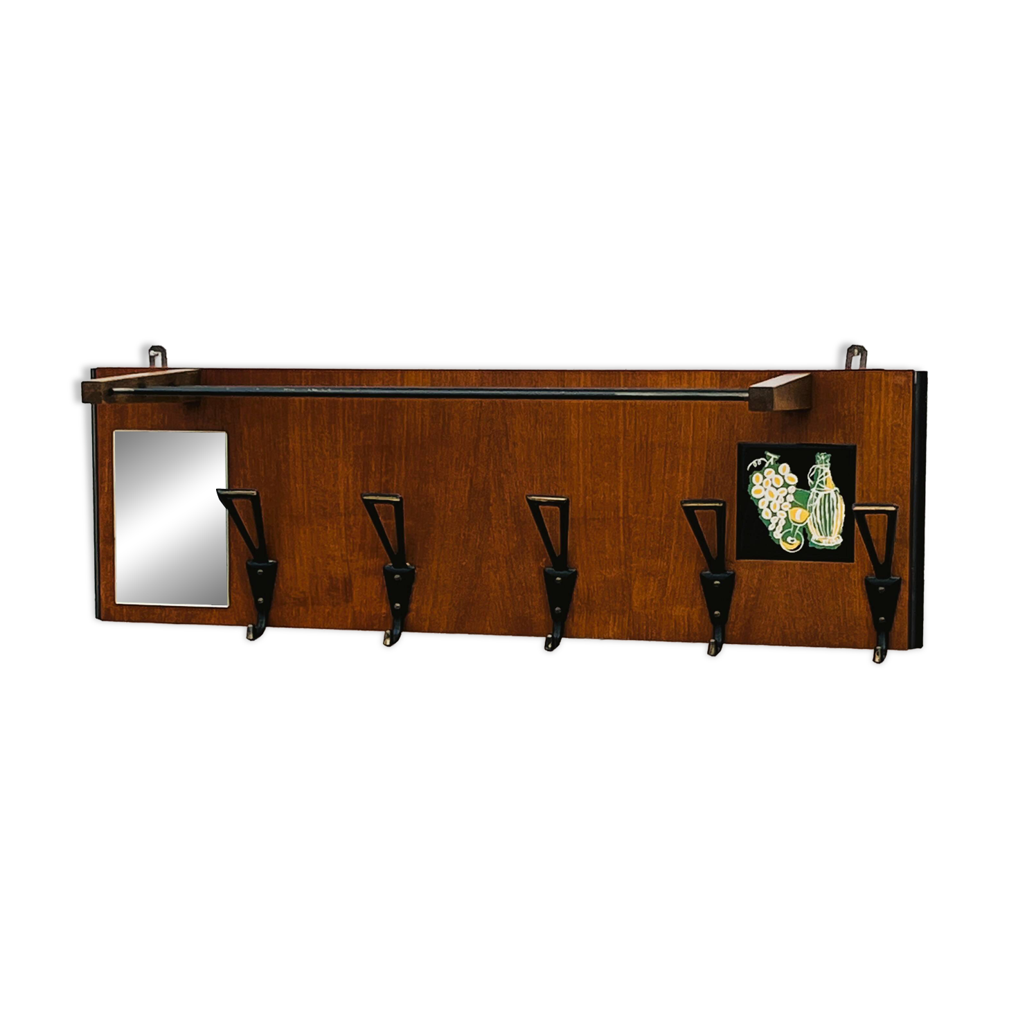 Vintage wooden wall coat rack mirror from the 1960s.
